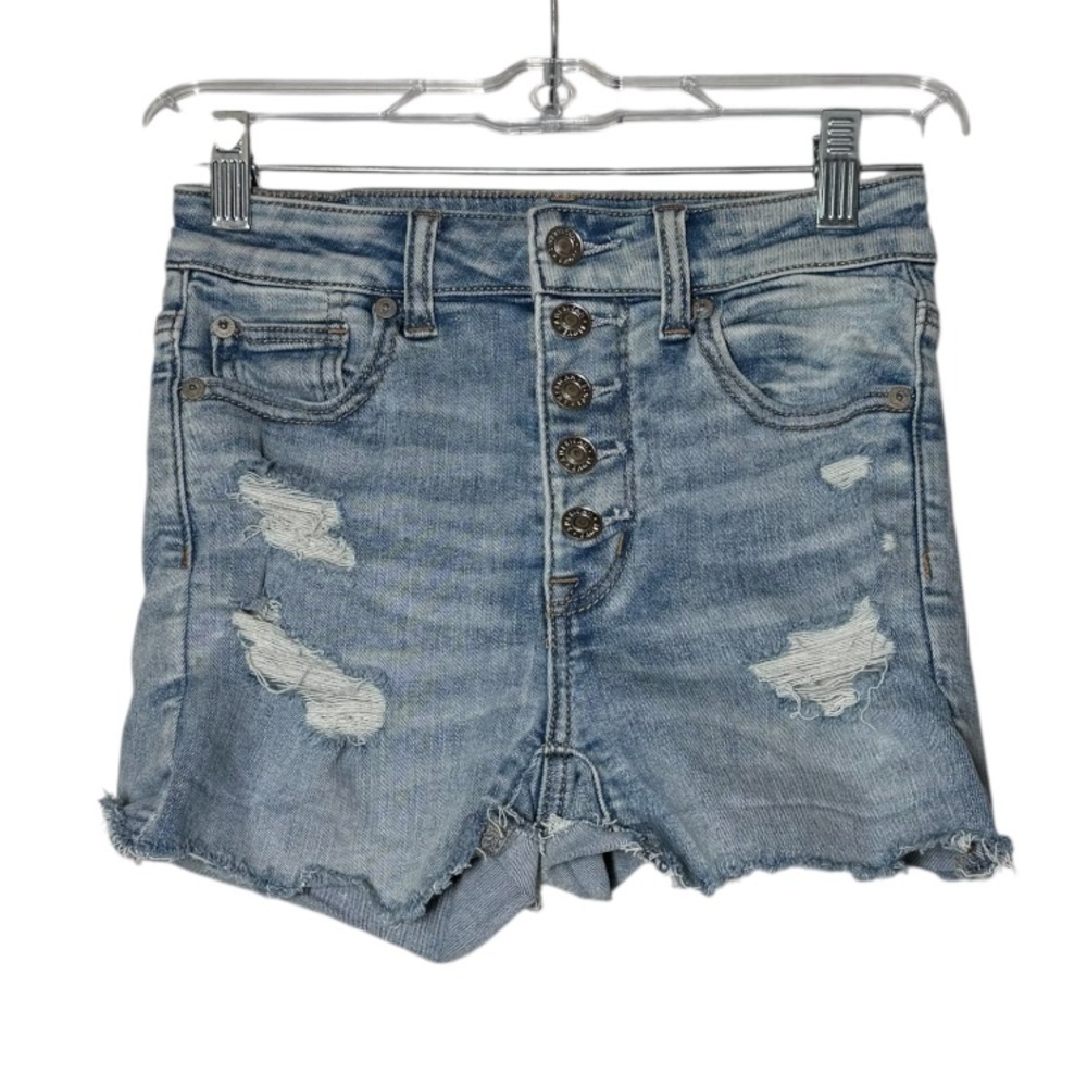 American Eagle Jean Shorts Blue Next Level Stretch Size 0 Rips Button Fly Denim
